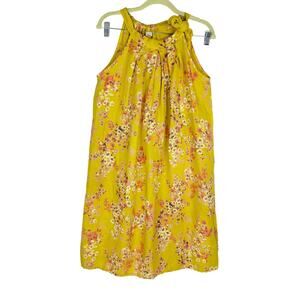 Bellambra Yellow Floral Linen Halter Pleated Relaxed Fit Midi Dress Large Boho‎